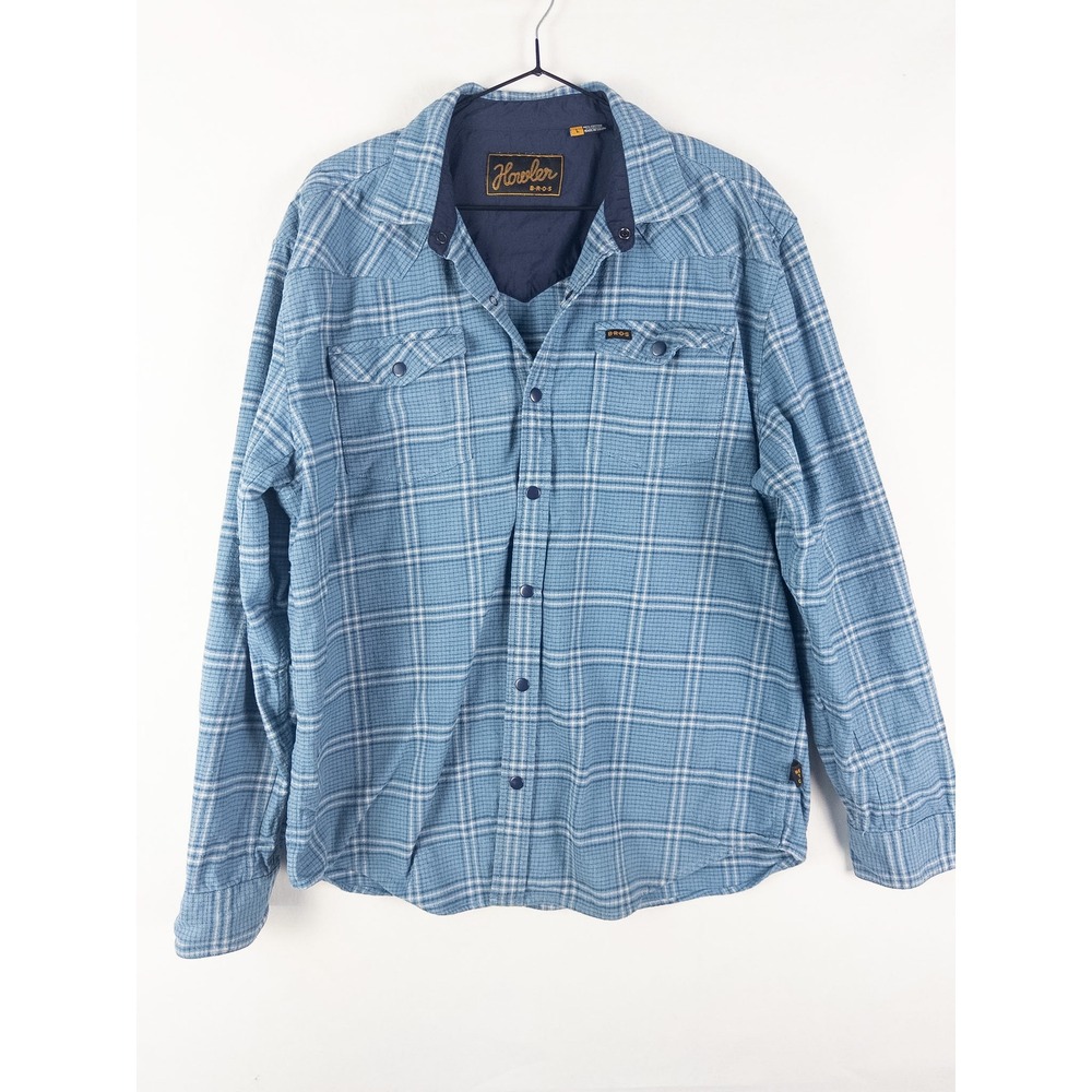 Howler Bros Plaid Snap Button Shirt Mens L Blue Flannel Western Gorpcore Outdoor